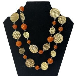 RJ Graziano Orange Beaded and Gold Tone Medallion Necklace